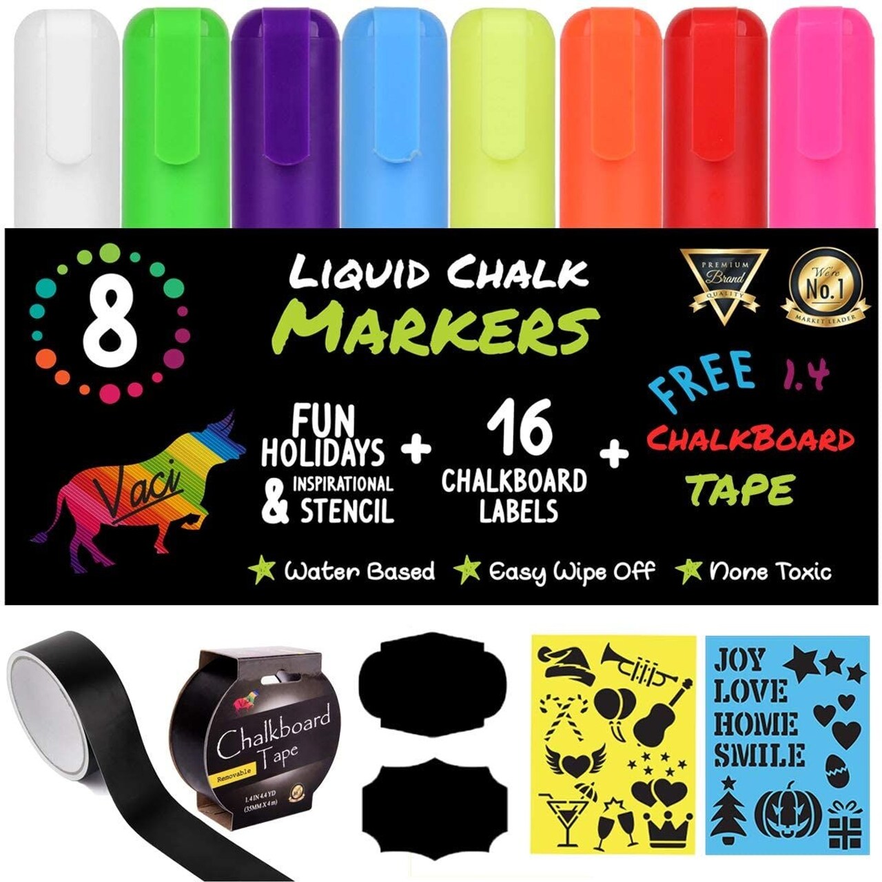 Vaci 8 Multicolored Liquid Chalk Markers with Tape, Stencils & Labels | Erasable, Non-Toxic, Water-Based Pens | 6 mm Reversible Tip | On Chalkboards, Windows, Glass, Blackboards & More | Adults
